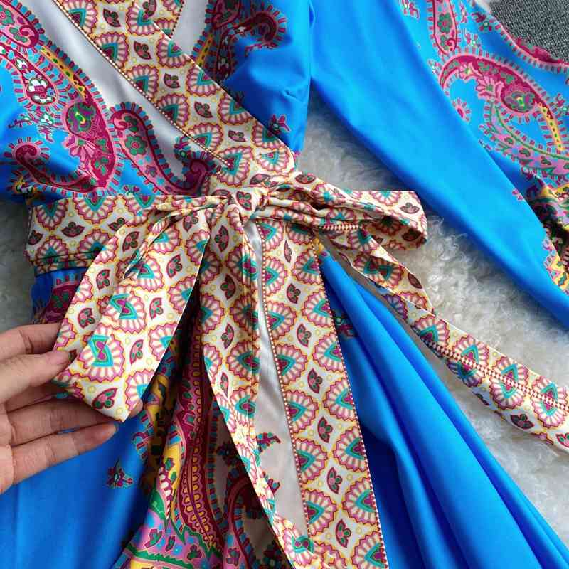 Nomikuma Vintage Printing Women Dress Korean Bow Bandage Slim Waist Dresses Lantern Sleeve V-neck Elegant Vestidos 6E691 210427