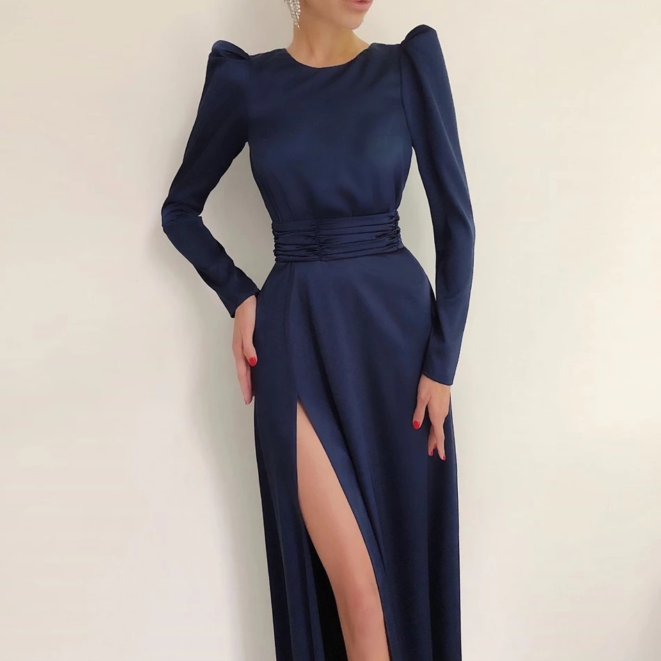 Free Autumn Elegant Satin Long Dress Women's Blue O-Neck Sleeve Split Club Evening Party Vestidos 210524
