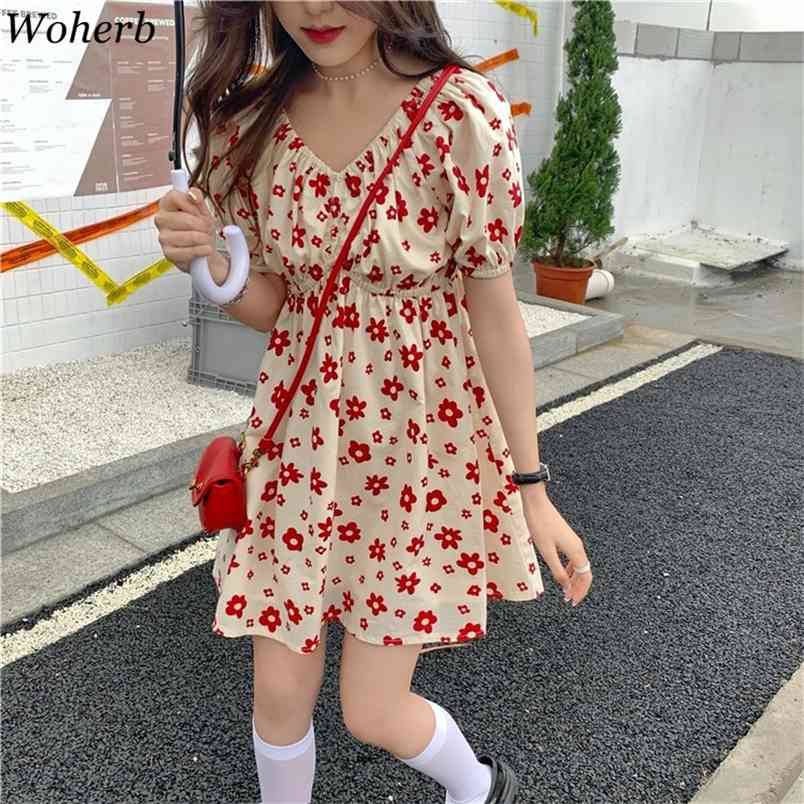 Summer Kawaii Floral Print Dress Women Elegant Puff Sleeve Sweet Dresses Ladies Korean Chic Mini Robe Vintage Vestidos 210519