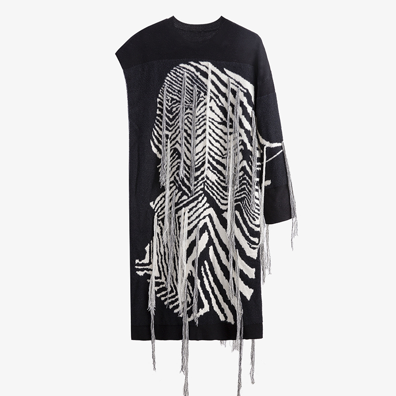 TWOTWINSTYLE Loose Printed Patchwork Tassel Dress For Women O Neck Long Sleeve Casual Irregular Dresses Female Fashion 210517