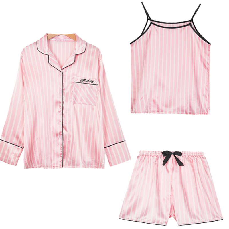 Pink Women's 7 Pieces Pajamas Sets Faux Silk Striped Pyjama Women Sleepwear Sets Spring Summer Autumn Homewear 210326