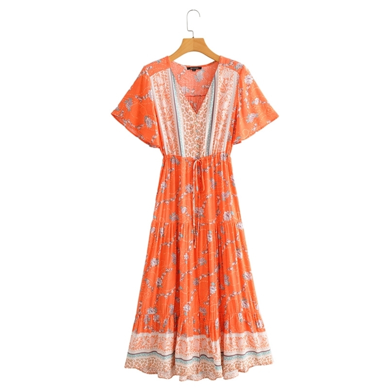 Vintage Floral Print Maxi orange Dress Women Boho short Sleeve Long V neck Casual pleated es Robe 210524
Vintage Floral Print Maxi orange Dress Women Boho short Sleeve Long V neck Casual pleated es Robe 210524