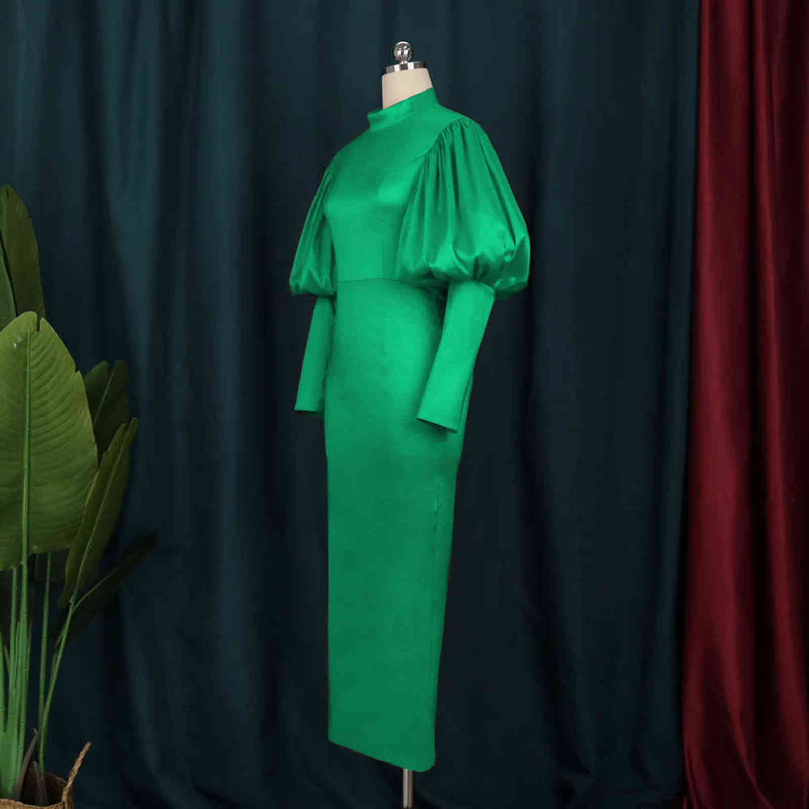Plus Size 3xl Christmas Party Body con Dress for Women Green High Neck Birthday Elegant Long Puff Sleeve Red Maxi Dresses 211106