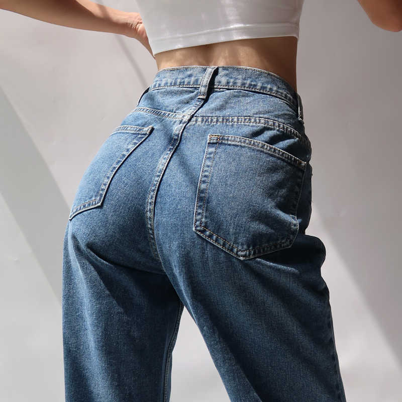 WOMENGAGA High Waist Casual Slim Slimming Jean's Washed Dark Blue Loose Straight Pants Trousers XUX9 210603