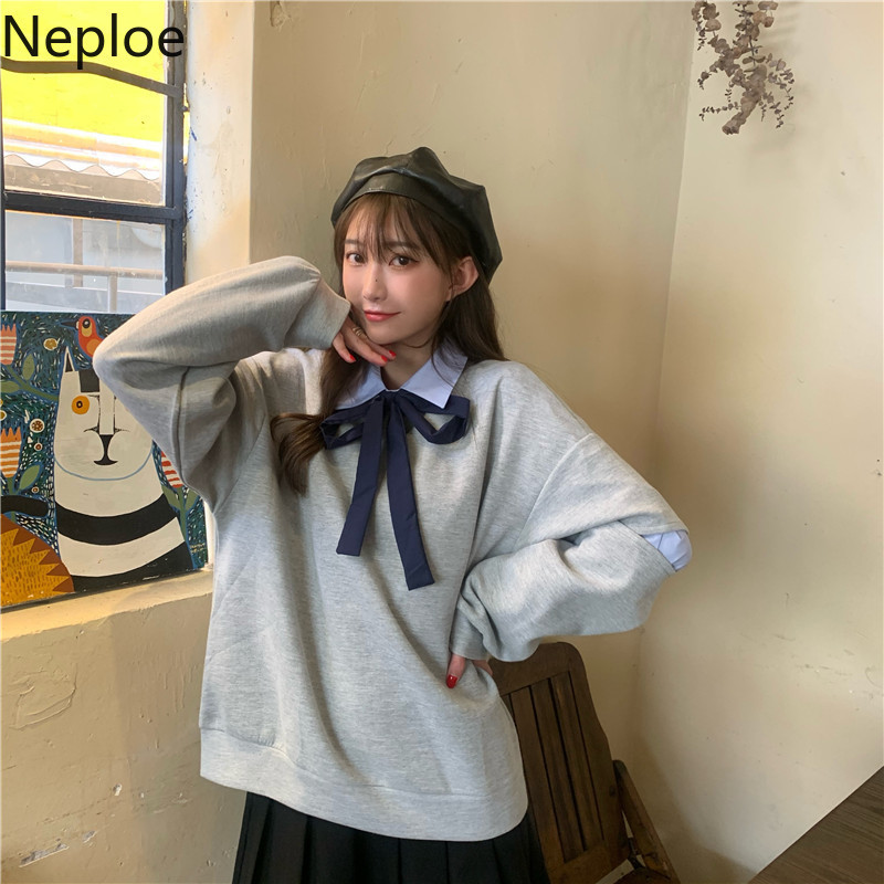 Neploe Blouse Women Preppy Style Lace Up Bow Blue Shirts Long Sleeve Loose Blouses Tops Blusas Mujer De Moda 4G520 210422