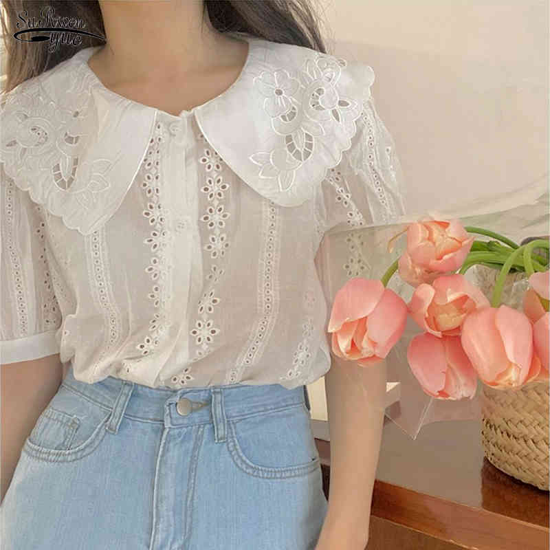 

Female Design Sense Sweet Niche Temperament Tops Solid Cotton White Embroidery Hollow Out Wavy Edge Lapel Shirt Blusas 14600 210521