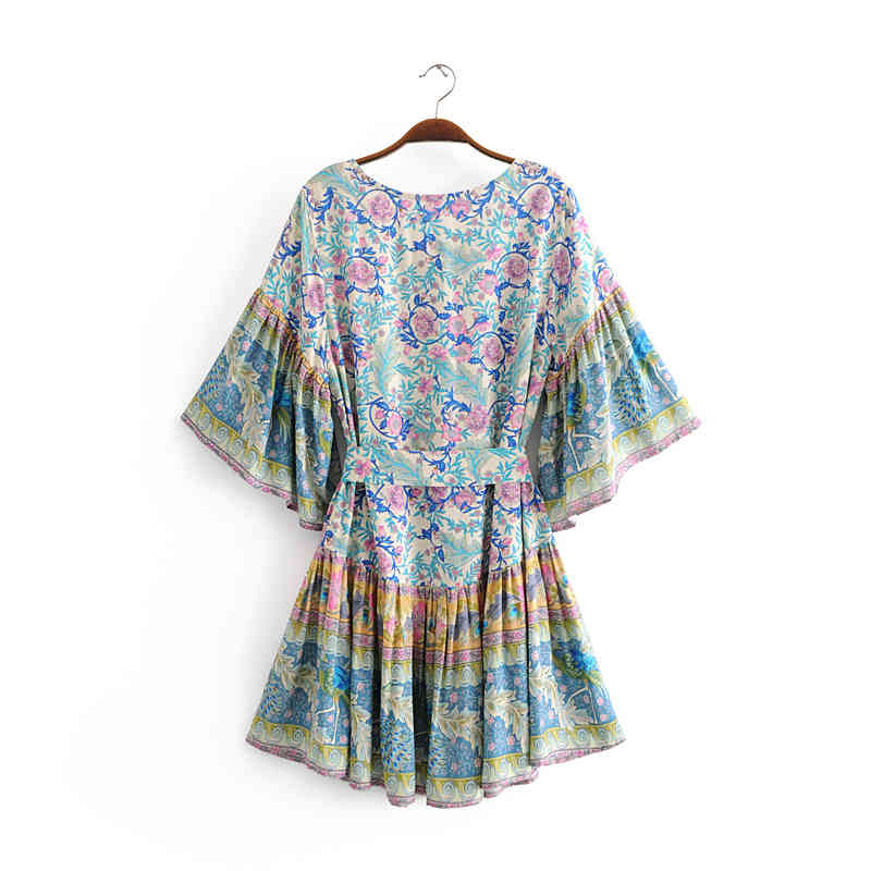beauty Boho Floral Print Women's Midi Dress Holiday Sashes Flare Sleeve Mini Dresses Female Beautiful Beachwear 210514