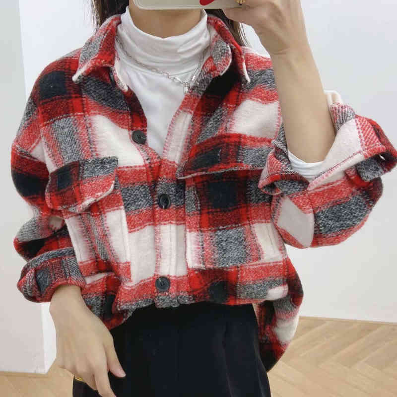 Vintage Woman Red Loose Plaid Woolen Coats Autumn Winter Fashion Ladies Warm Pocket Female Casual Oversized Jackets 210515