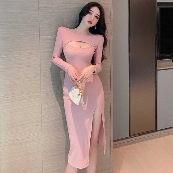 WOMENGAGA Autumn Sexy Night Show Goddess Hollowed Out Slit Slim Dres Body Dresses Robe 2PSN 210603