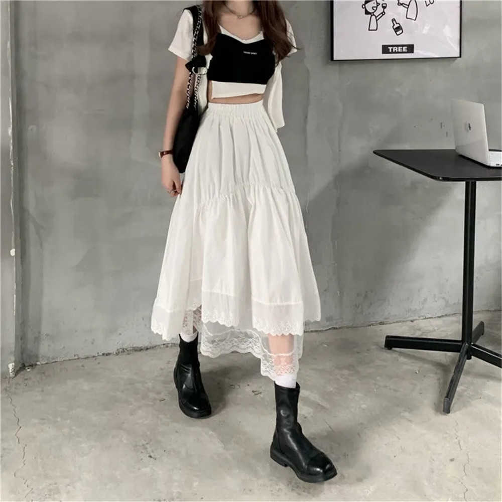 Dark Academia 3-Layer Mesh Lace Tull Skirt Black Gothic Stitching Irregular Pleated Skirt Women White High Waist Long Saia 210619wtt