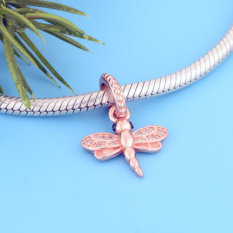 Fit Original Brand Pan Charm Bracelet 925 Silver Rose Gold Animal Insect Dragonfly Zirconia Pendant Bead Women Spring Berloque