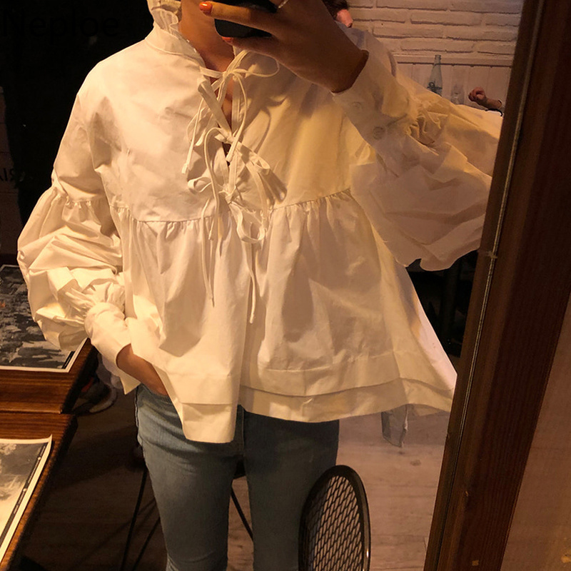 Neploe Women Blouses Loose Bandage Bowknot Tops Korean Vintage Sweet Blusas Mujer Lace Stand Neck Lantern Sleeve White Shirts 210422