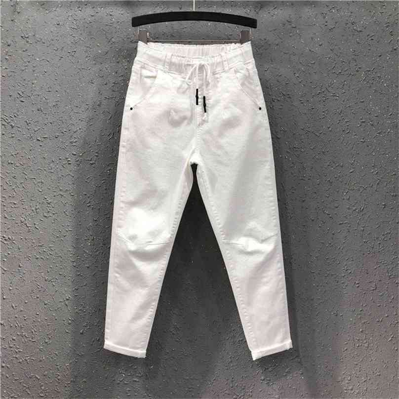 Spring Summer Women Cotton Denim Pants Plus Size Elastic Waist Loose Harem Female Casual Anklelength White Jeans D317 210922