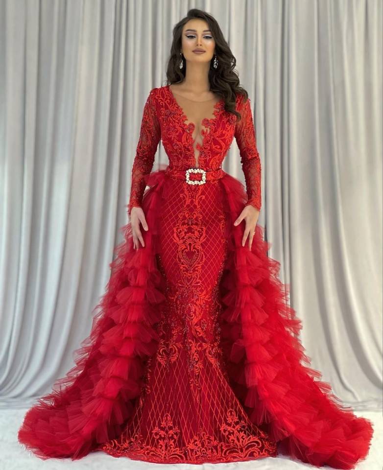 red mermaid dubai evening dresses with removable train long sleeve appliques prom dress formal party gowns robe de marie