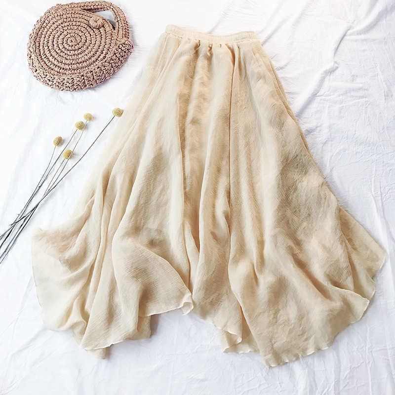 Cotton Linen Maxi Skirt Women Spring Summer Elastic Waist Vintage Solid irregular Long s Mori Girl Boho Beach 210619