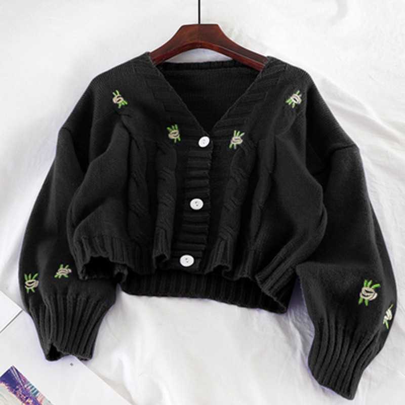 Yedinas Vintage Cardigan Women Sweater Korean Long Sleeve V Neck Knitted Embroidery Ladies Jumper Winter 210527