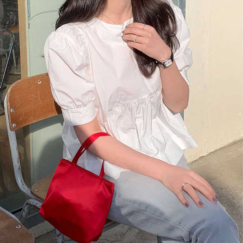 Korean Version Sweet Cute Round Collar Bubble Short Sleeve Shirt Summer Solid Cotton White Blouse Blusa Feminina 14038 210528