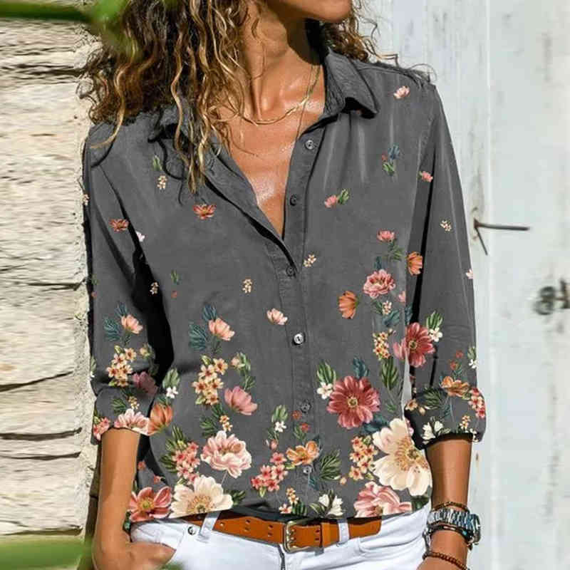 Women's Deep V Neck Shirts Tops Woman Elegant Printed Female Shirt Fall Retro Floral Long Sleeve Top Ladies Blouses 210515
