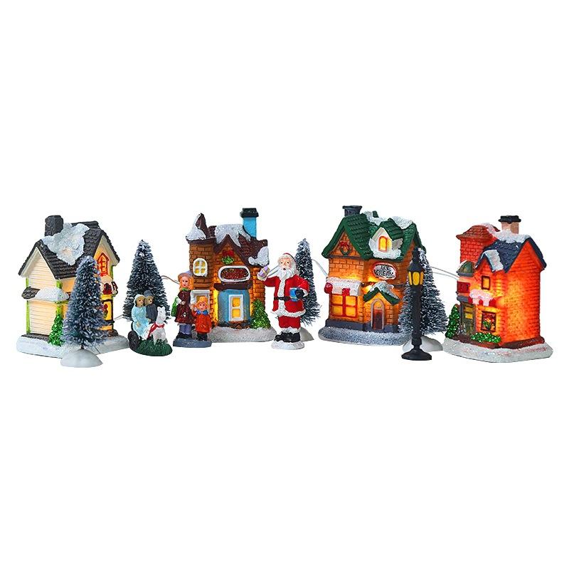 Christmas Decorations Village Set Decorate Santa Claus Resin Villa Ornaments 10 Pcs Luminous Snow House Gifts Tree Home Decoration