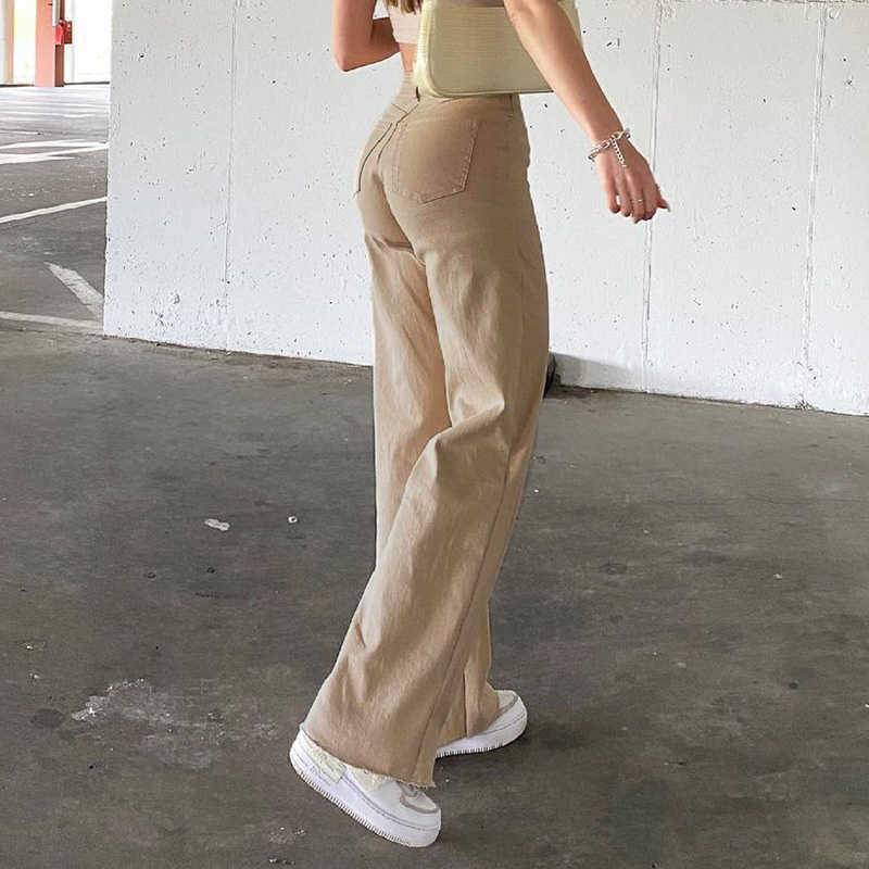 Jeans Women Mom Fit Wide Leg Loose Solid Women's Pants Pocket High Waist Straight Flared Casual Trousers 210922