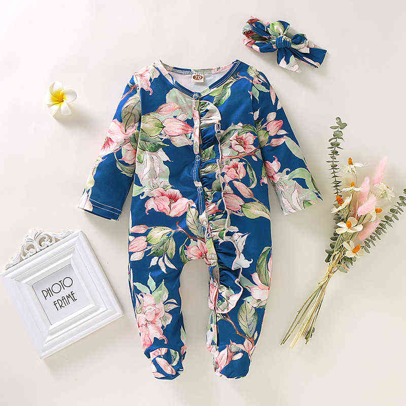 Newborn Baby Girl Clothes 0 3 6 9 Months Vintage Floral Cotton Lace Ruffle Infant Romper Spring Baby Girl Jumpsuit Set Outfit G1221