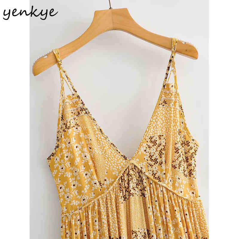 YENKYE Yellow Vintage Floral Print Sexy Sling Dress Women Backless V Neck Sleeveless Holiday Summer Beach Dress Short Robe 210515