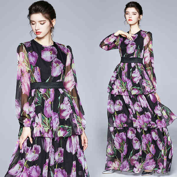 Vintage Fashion Runway Purple Floral Print Maxi Dress Spring High Waist Layer Ruffles Chiffon Holiday Long Dresses Female 210519