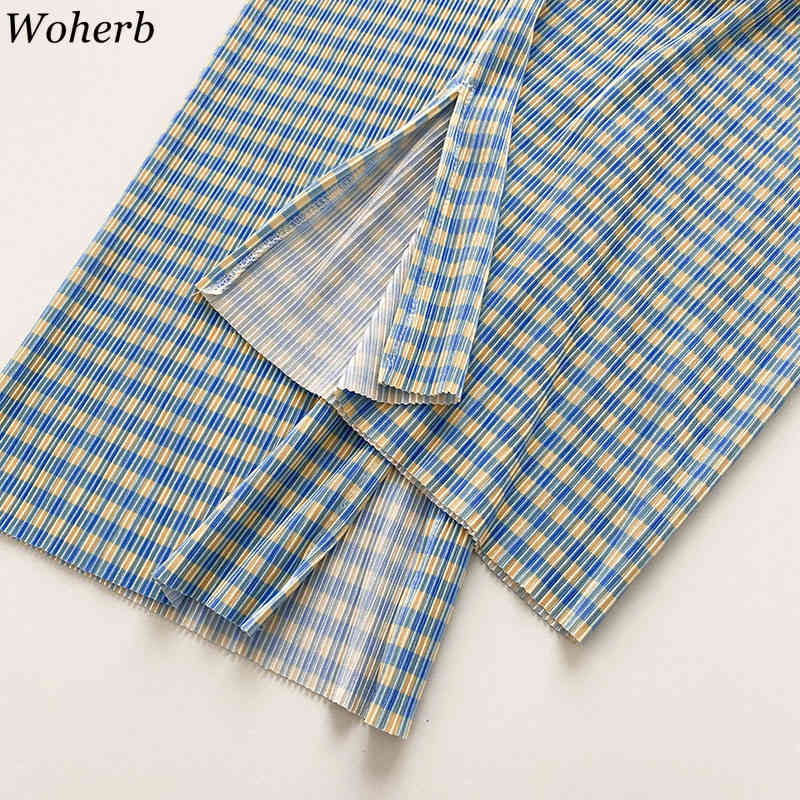 Plaid Casual Trousers Women Summer Korean Loose Elastic High Waist Wide-leg Pants Fashion Split Pleated Sweatpant 210519