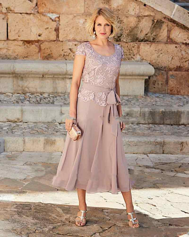 A Line Mother Of The Bride Dresses Tea Length Scoop Neck Lace Party Dress For Mothers Groom Formal Wear