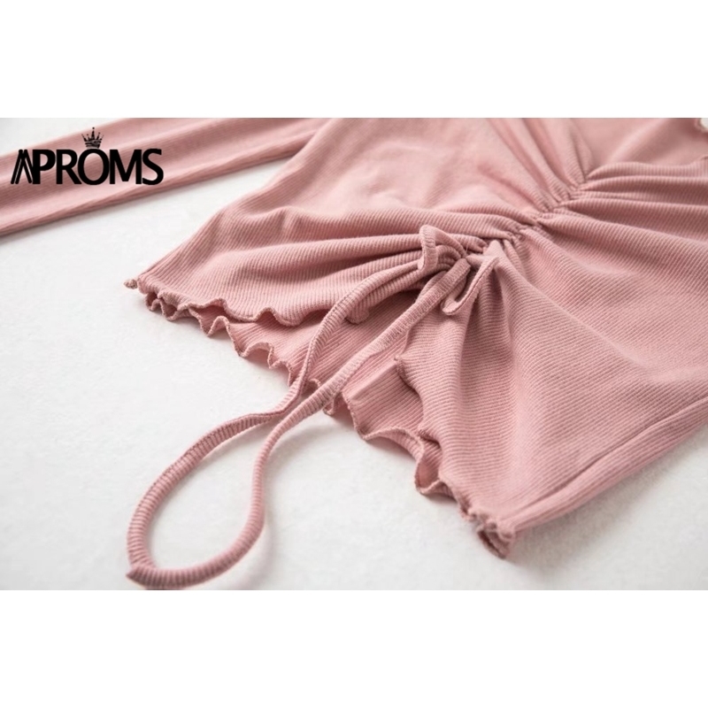 Aproms Ribbed Off Shoulder Drawstring Tie T Shirt Women Long Sleeve Short Tshirt Summer Casual Crop Top Female Tee Tshirts 210322
