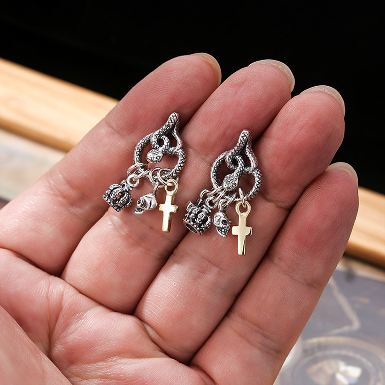 925 sterling silver snake stud earrings handmade cross crown skeleton charms American European punk Gothic designer vintage luxury fine jewelry ear ac