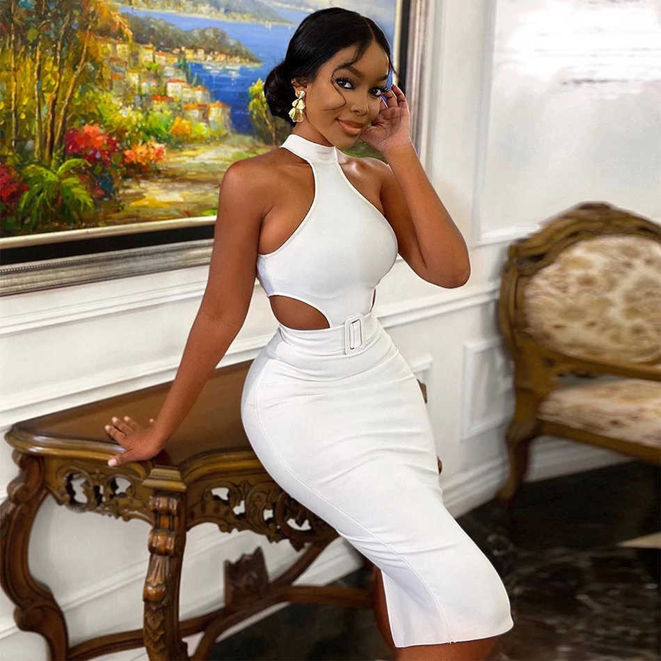 Summer White Halter Bodycon Bandage Club Women Sexy Hollow Out Sleeveless Night Runway Party Dress Vestidos 210527