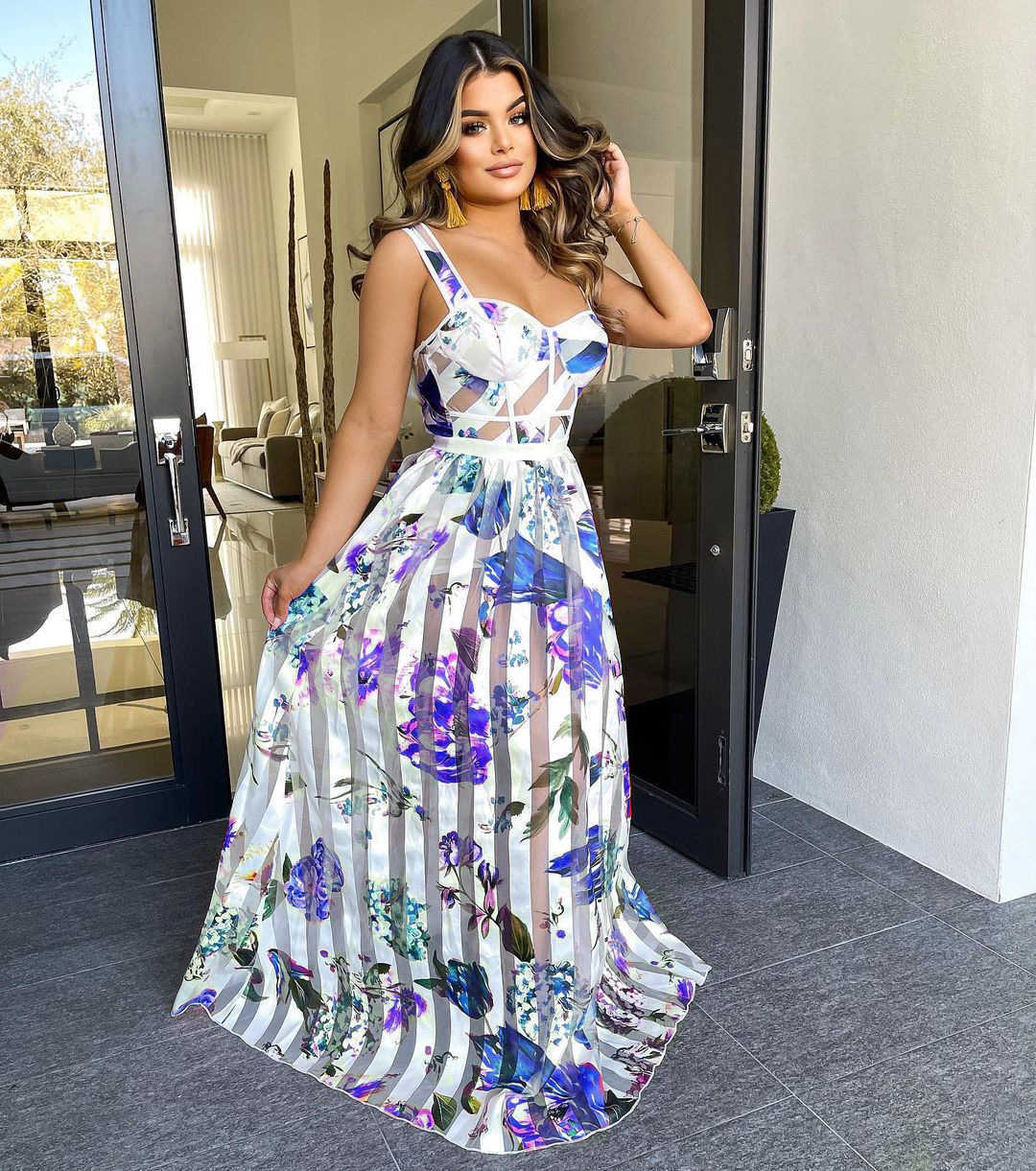 Women Spaghetti Strap Floral Printed Elegant Maxi Dress 210702