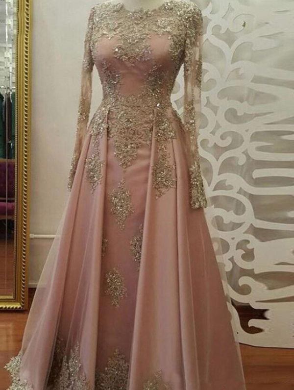 Long Sleeve Mermaid Prom Dresses New Sequined Gold Pink Sweep Strain Illusion Formal Evening Dress Party Gowns Custom Made Plus Size