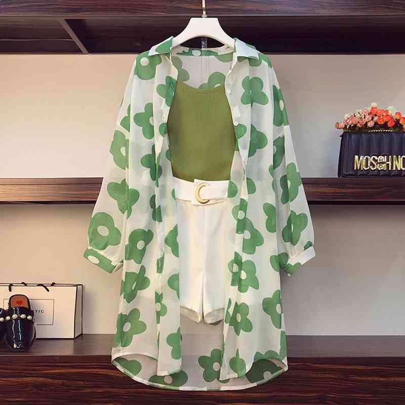 Plus Size L-4XL 3 Piece Set Women Flower Printing Chiffon Sunscreen Long Shirt + Solid Vest +High waist Metal Ring Shorts Suits 210707