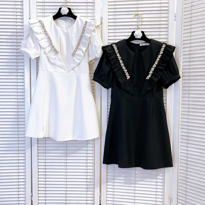 DEAT Women Diamond Ruffles Dress Round Neck Short Sleeve Arrivals Lady Temperament Fashion Spring Summer 11D1733 210709