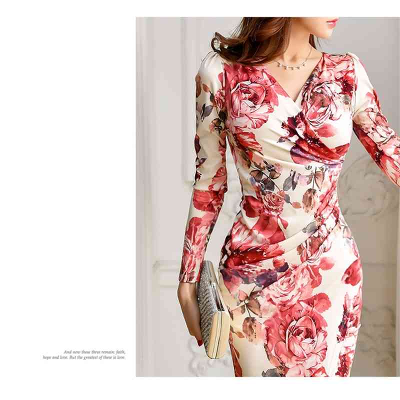 Sexy Print Flower Floral Long Sleeve Spring Dress Women Pencil Ruched Sheath Bodycon Fitted Vestidos 210519