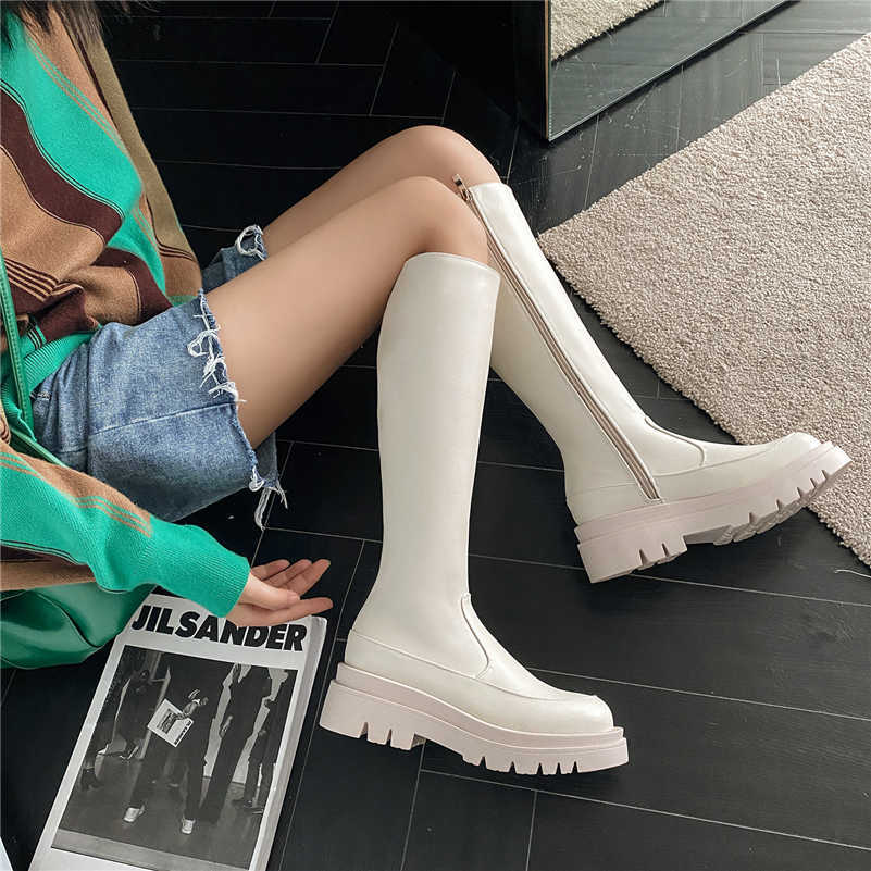Meotina Women Knee High Riding Boots Platform Flat Shoes Fashion Round Toe Zipper Ladies Long Boots Autumn Winter 33-43 Beige Y0914