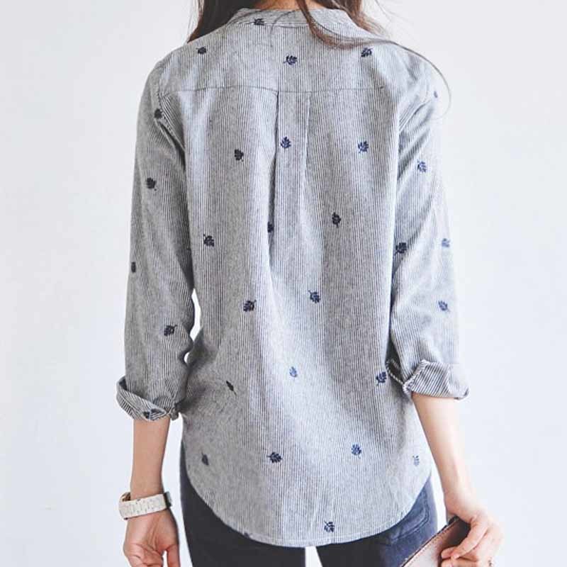 Fashion Grey Striped Women Long Sleeve Leaf Embroidery Blouse Shirt Women's Clothing Office Lady's Tops Blusas 335F 30 210518