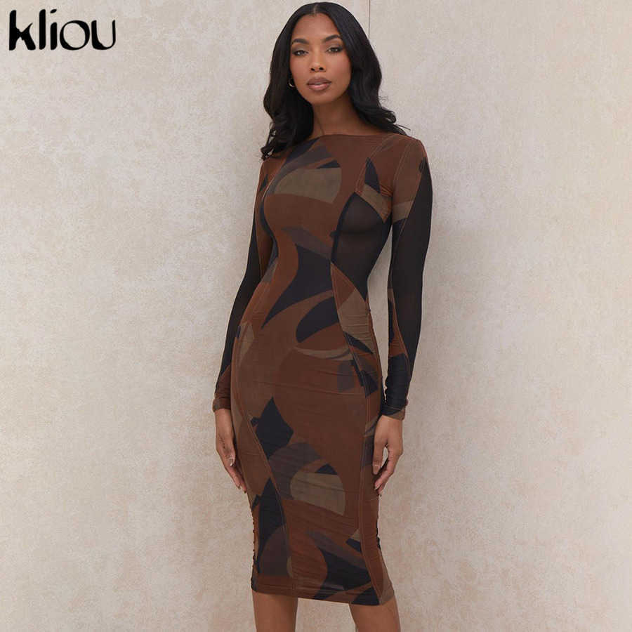 Kliou Patchwork Asthetic Print Maxi Dress Women Autumn O-Neck Wrist Sleeve Sheath Bodycon Vestido Female Body-shaping Streetwear 210630