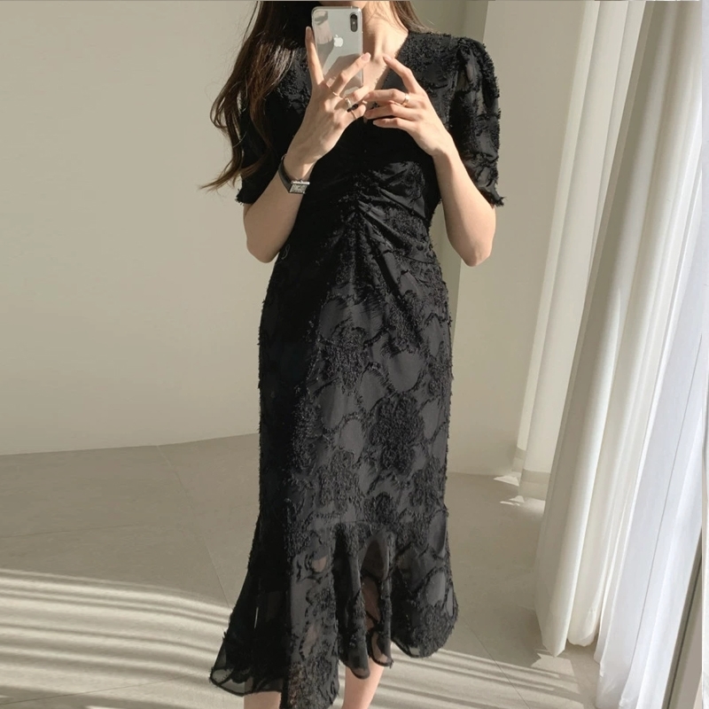 Korean Tassel women Dress Elegant V neck Short sleeve Mermaid long dresses vestidso Fashion Summer woman Party 210520