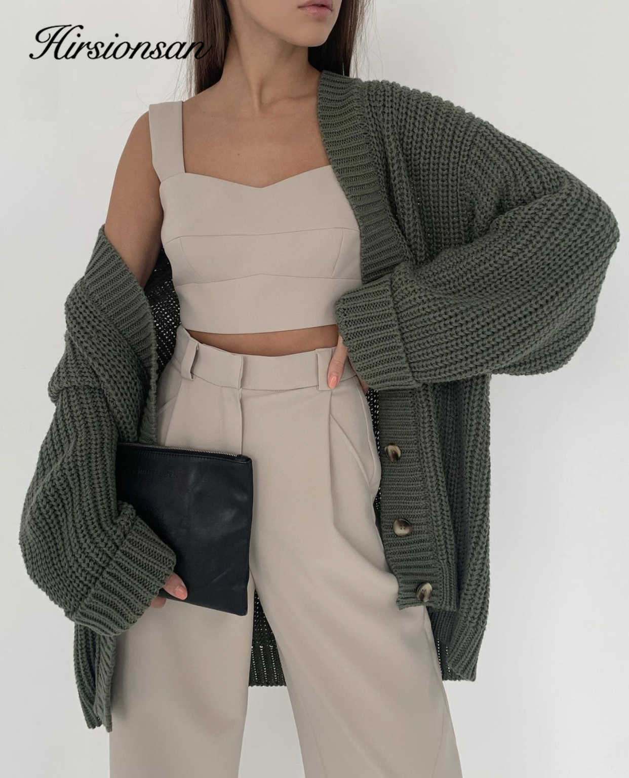 Hirsionsan Cashmere Long Sleeve Sweater Women Single-Breasted Female Cardigan V Neck Soft Loose Knitted Outwear Jumpers 210914