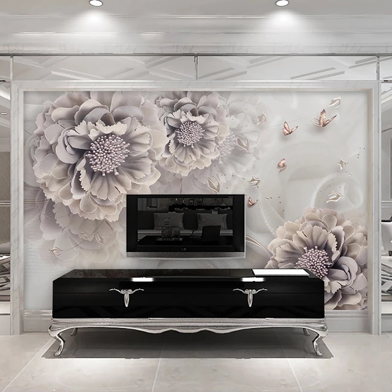 Custom 3D Wallpaper Peony Flower Butterfly Jewelry 3D Relief Painting Mural Living Room Sofa TV Background Wall