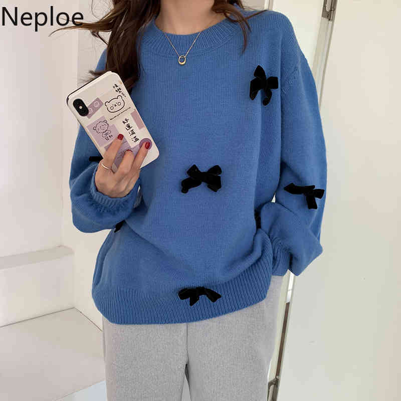 Neploe Sweet Bow Woman Sweaters Fall Women Clothes Korean Knitted Pullovers Tops O-neck Long Sleeve Loose Jumper Coat 4G671 210422
