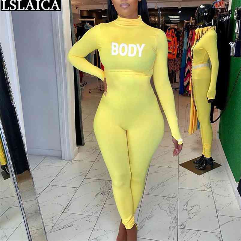 Sexy Jumpsuit Clubwear Long Sleeve High Waist Skinny Fashion Ladies Jumpsuits Solid Letter Print Knitted Casual Jumpersuit Women 210515