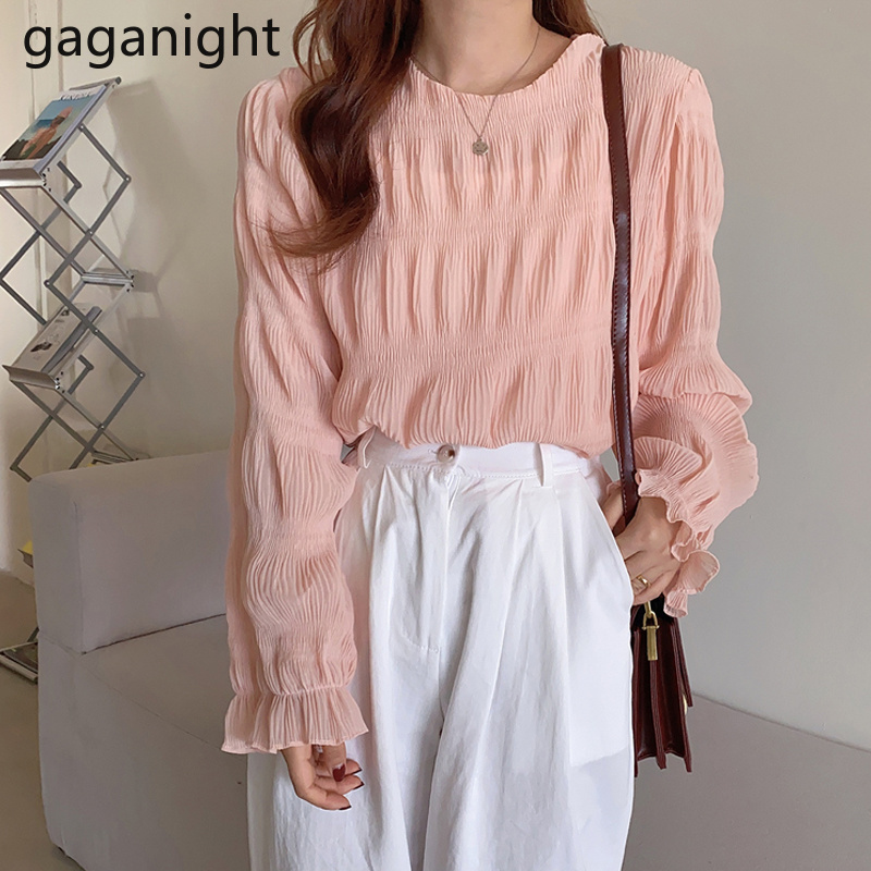 Gaganight Fashion Women Chiffon Blouse Solid Office Lady Long Sleeve Shirt Slim Korean Blusas Sweet Girl Blouses Chic Korean New 210317