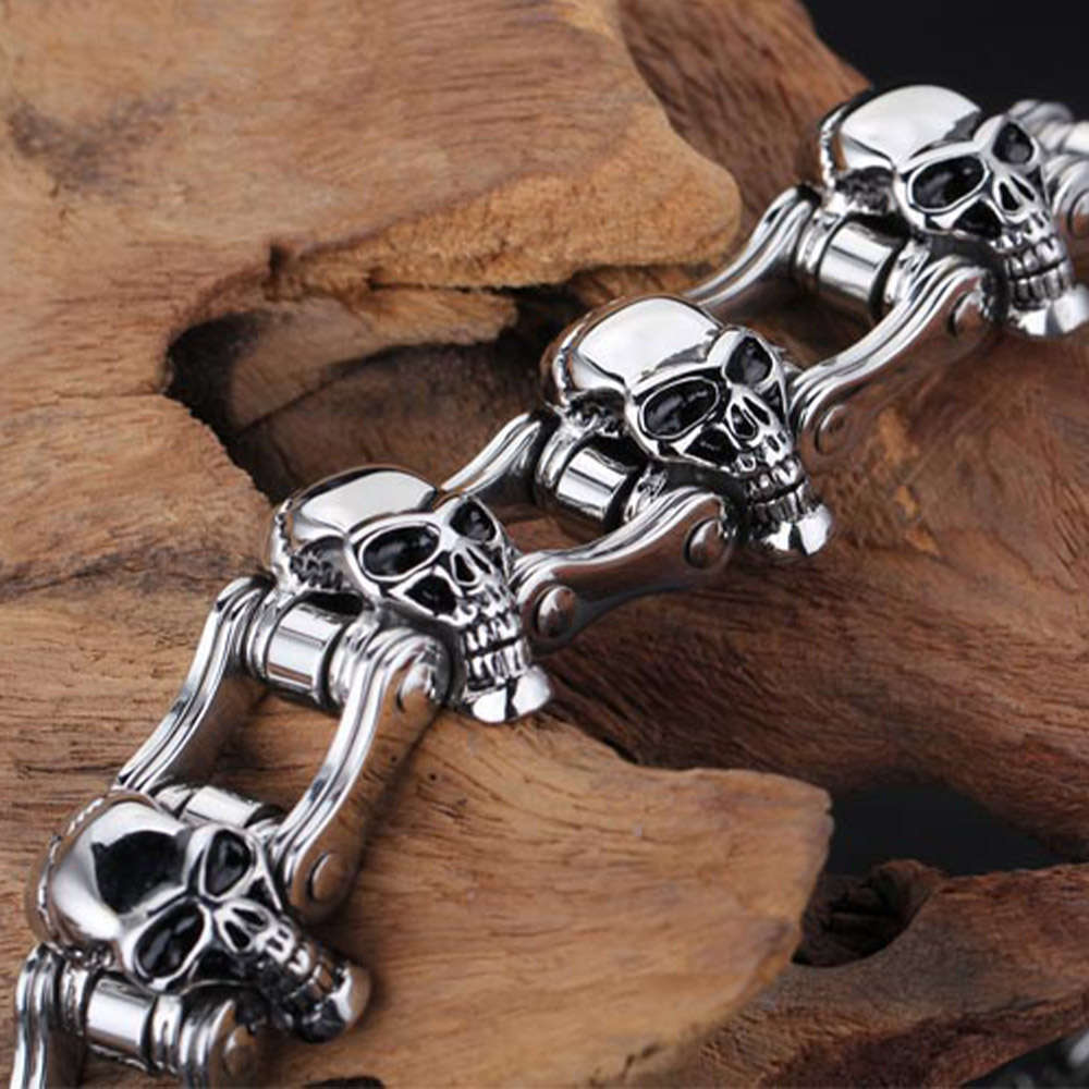Heavy Large Men's Stainless Steel Bicycle Chain Skull Bracelet Biker Polished Punk Rock Link Wristband 22mm Wide with Velvet Bag