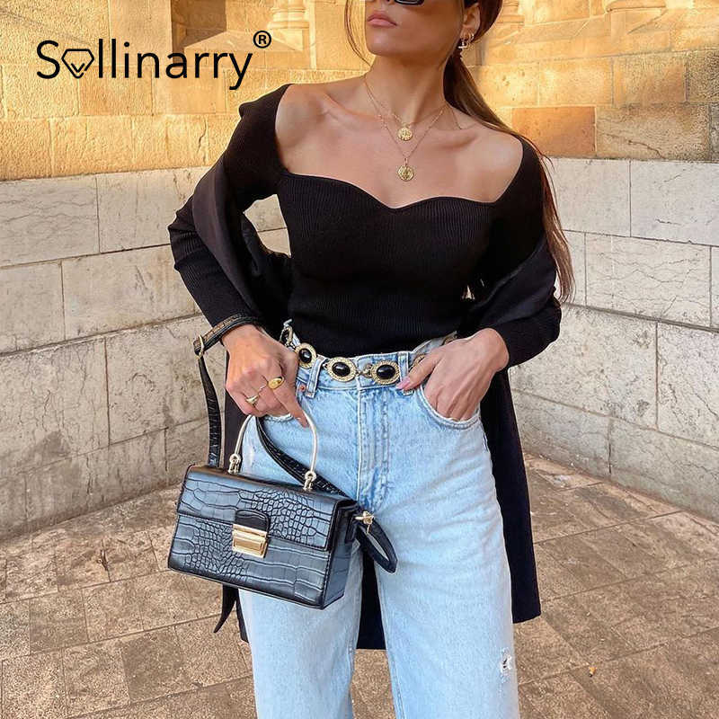 Sollinarry High street sheath women's jumper sweater solid Sexy slim pullover autumn Fashion black ladies long sleeve top 210709