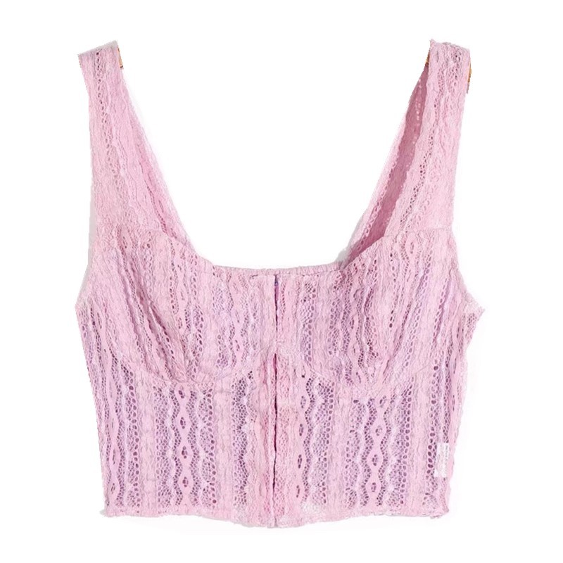 Covered Buttons Hollow Out Knit Lace Short Tank Top Women Sleeveless Elastic Ruched Camisole Cropped Summer Cami 210429