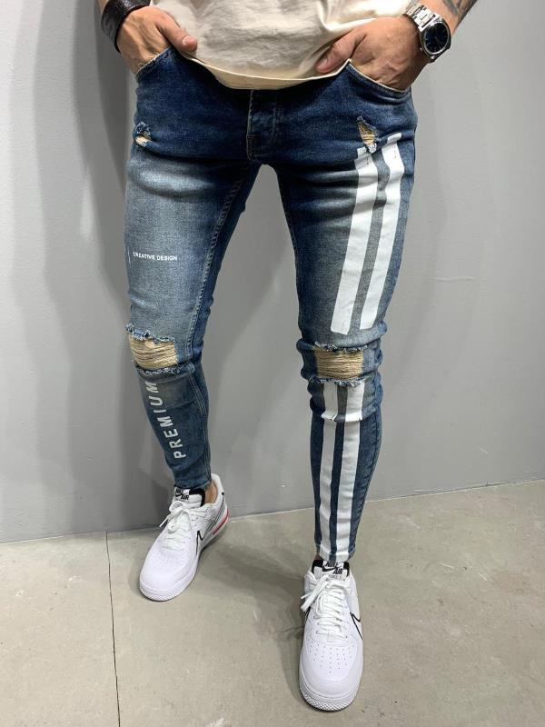 Men Skinny Denim Biker Jeans Side Striped Mens Ripped Pants Destroyed Hole Scratched Zipper Slim Fit Jean Trousers